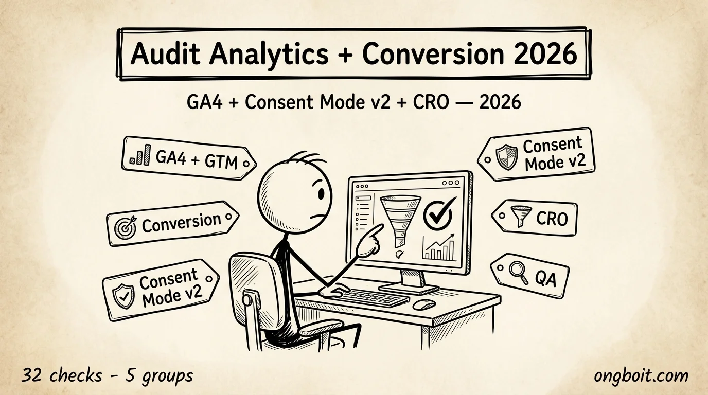 Audit Analytics + Conversion 2026 hero: 32 check GA4 Consent Mode v2 CRO parchment sketch