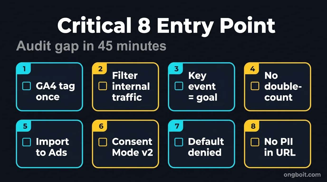 Critical 8 + Quick Win 5 Analytics Conversion 2026 dark tech