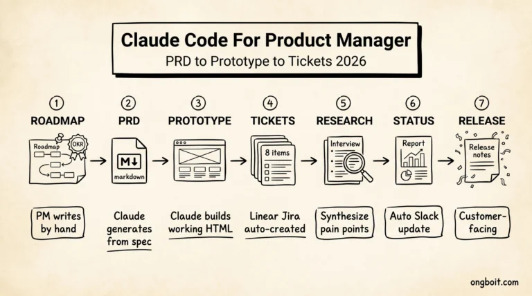 Claude Code for Product Manager hero whiteboard 7-stage workflow: Roadmap PRD Prototype Tickets Research Status Release