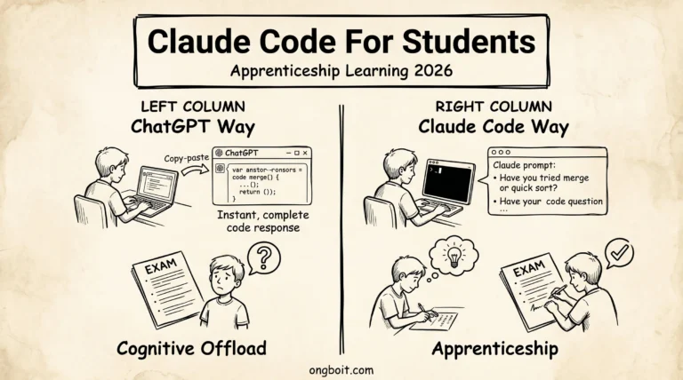 Claude Code cho sinh viên hero whiteboard sketch, so sánh ChatGPT cognitive offload vs Claude Code apprenticeship learning 2026