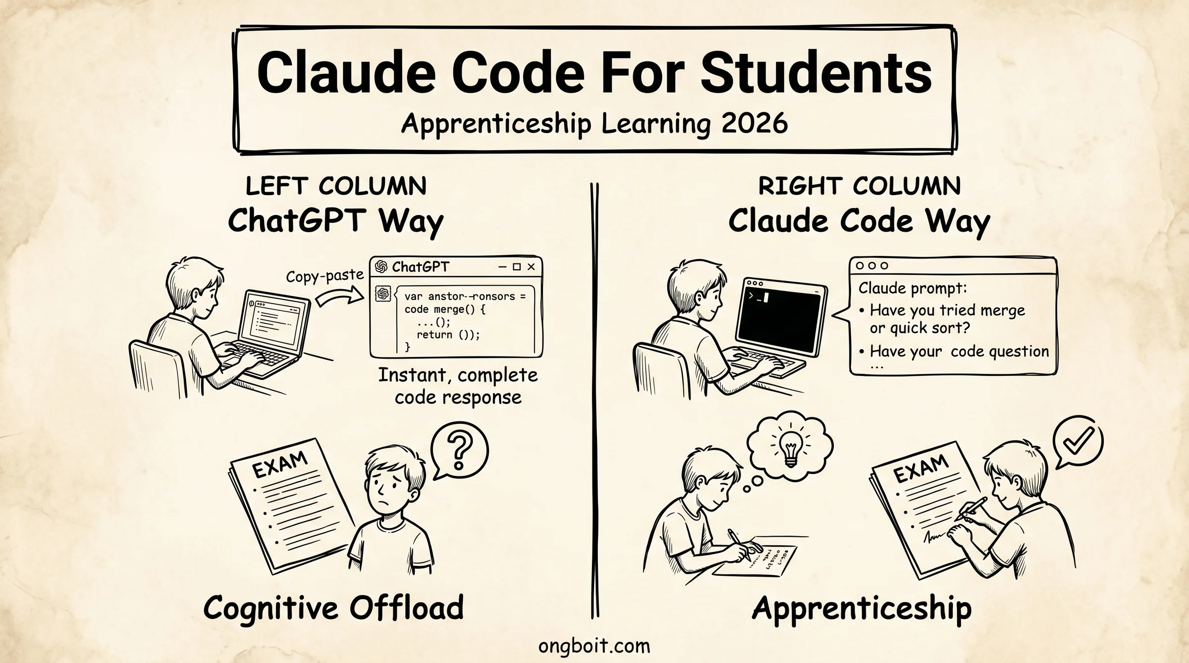 Claude Code cho sinh viên hero whiteboard sketch, ChatGPT cognitive offload vs Claude Code apprenticeship learning 2026