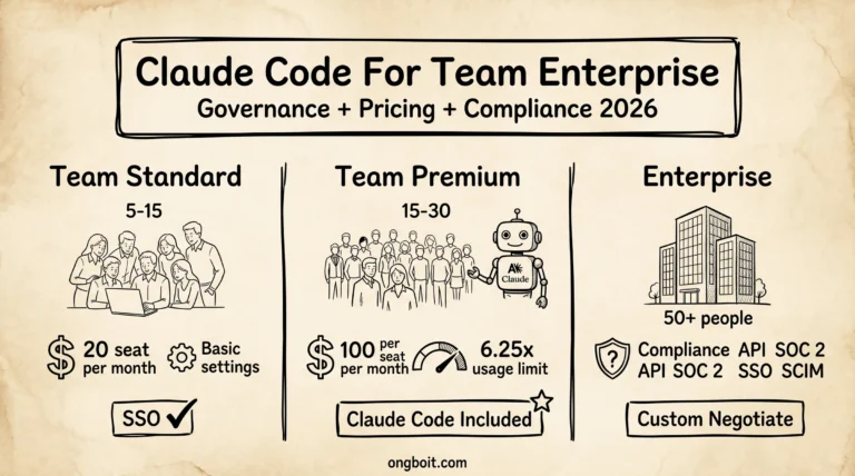 Claude Code for Team Enterprise hero whiteboard, 3-column comparison Team Standard 20 vs Team Premium 100 vs Enterprise 50 plus seats compliance API
