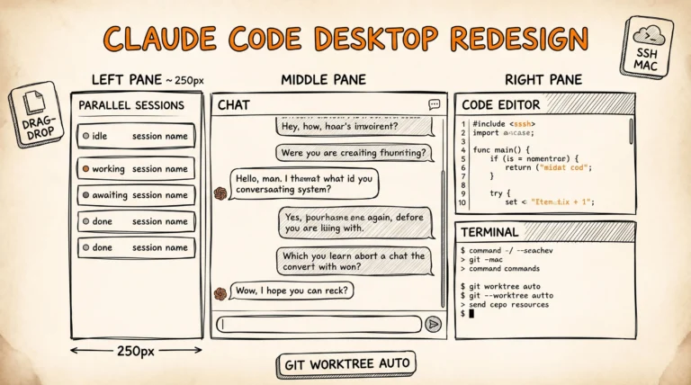 Claude Code Desktop redesign 14/4/2026: parallel session sidebar, drag-drop workspace, integrated terminal + editor, SSH Mac, worktree isolation