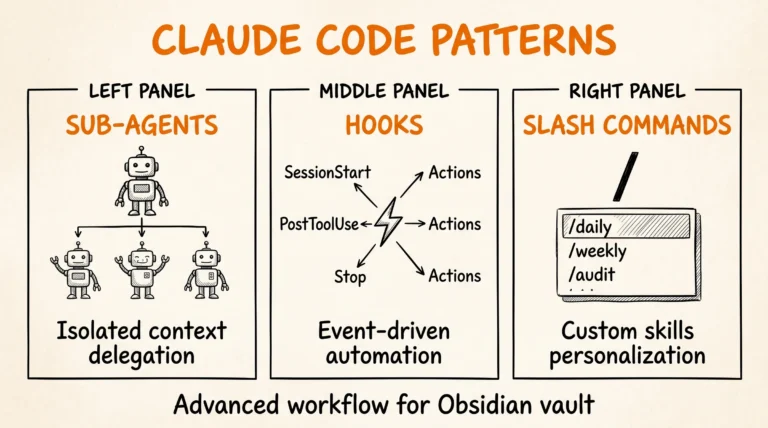Claude Code Patterns Obsidian Vault: sub-agents, hooks, custom slash commands cho vault advanced workflow