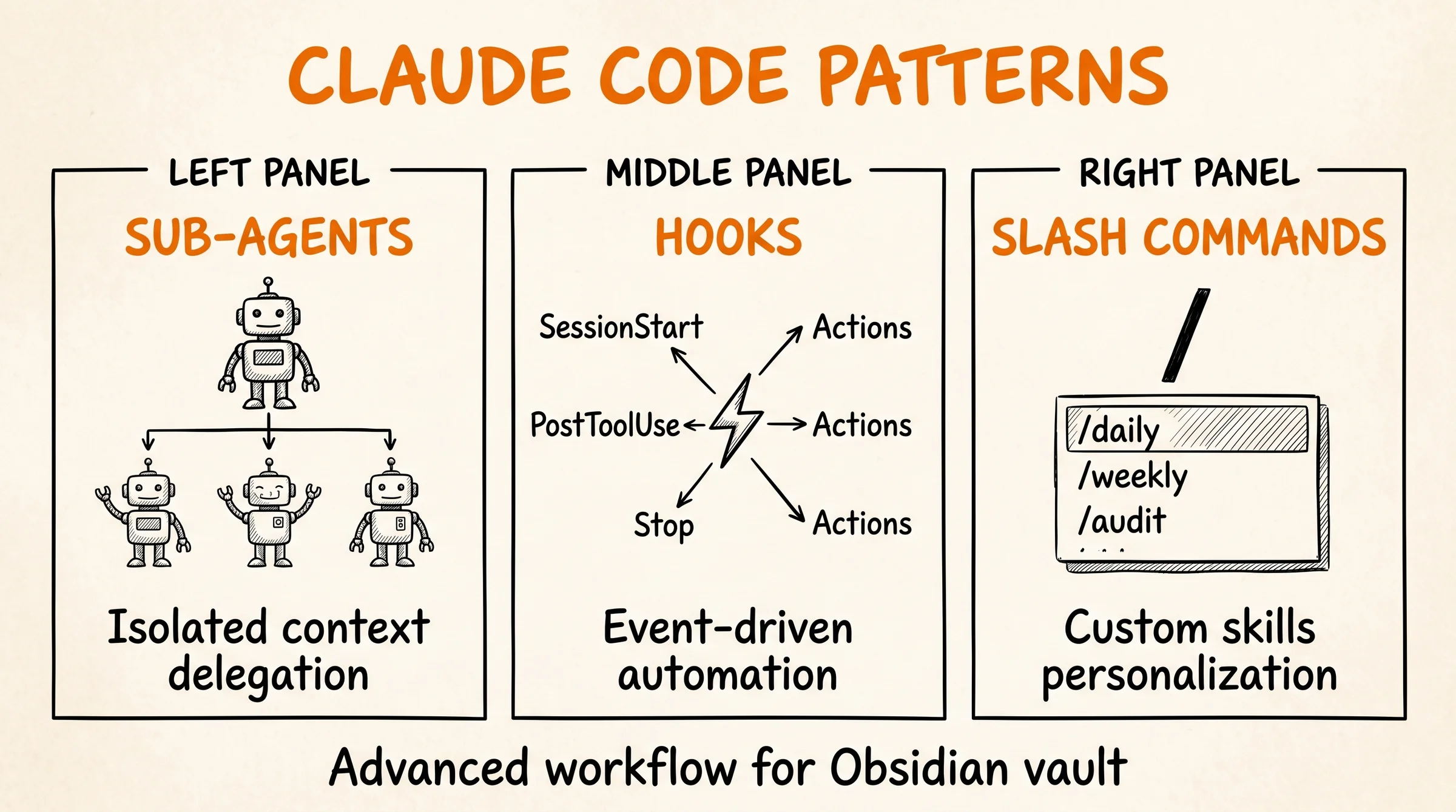 Claude Code Patterns Obsidian Vault: sub-agents, hooks, custom slash commands cho vault advanced workflow
