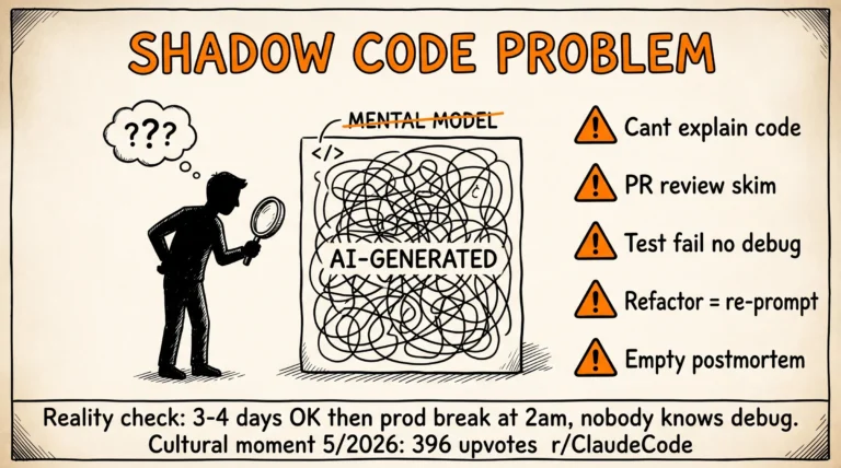 Claude Code shadow code problem 2026: dev confused magnifying glass over AI-generated tangled code, 5 warning sign + 396 upvotes cultural moment