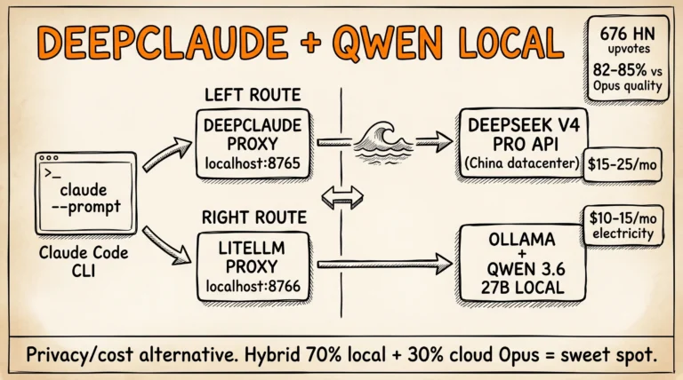 Claude DeepClaude + Qwen 3.6 27B local 2026: 2 route Claude Code chuyển DeepSeek API hoặc Qwen local Ollama, cost saving 80-180/tháng vs cloud