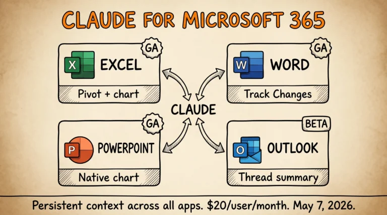 Claude For Microsoft 365 2026: tích hợp native Excel, Word, PowerPoint, Outlook beta với persistent context, $20/user/tháng