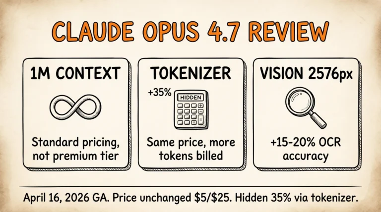 Claude Opus 4.7 review 2026: 1M context standard, tokenizer mới +35% hidden cost, vision 2576px, pricing $5/$25 unchanged
