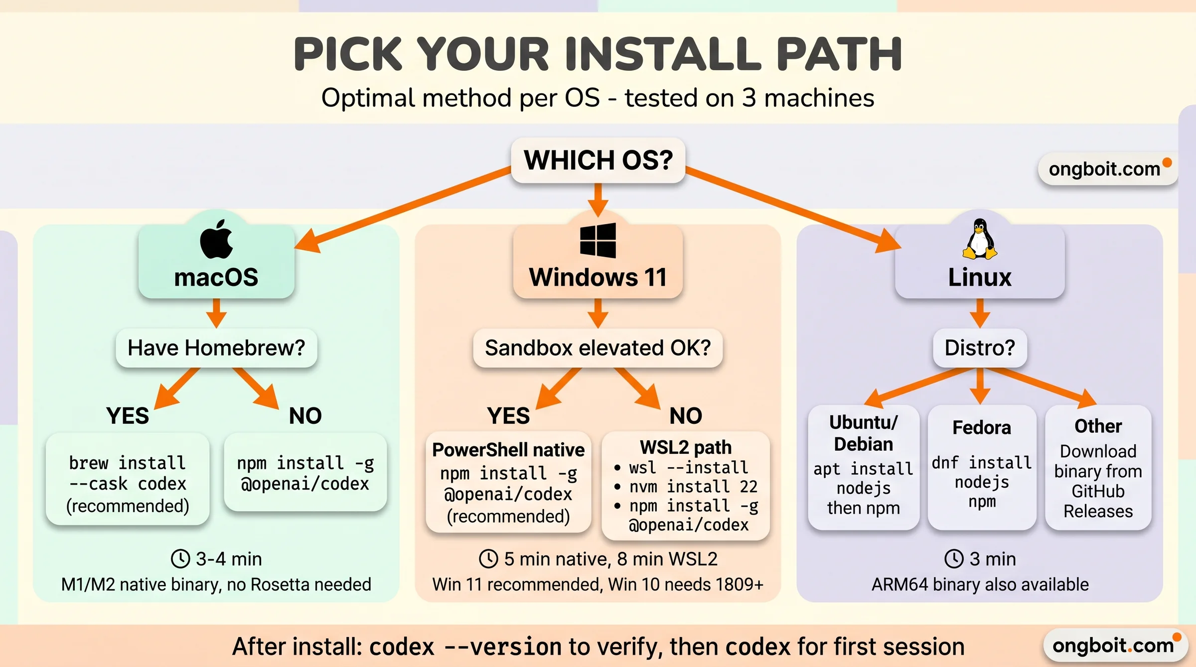 Decision flow chart picking install method per OS: macOS Homebrew vs npm, Windows native PowerShell vs WSL2, Linux npm vs binary download, with criteria boxes