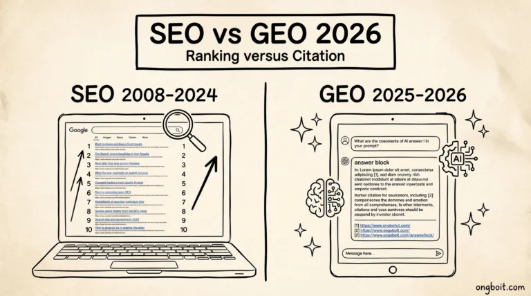 GEO SEO Claude hero whiteboard sketch SEO vs GEO 2026 ranking versus citation