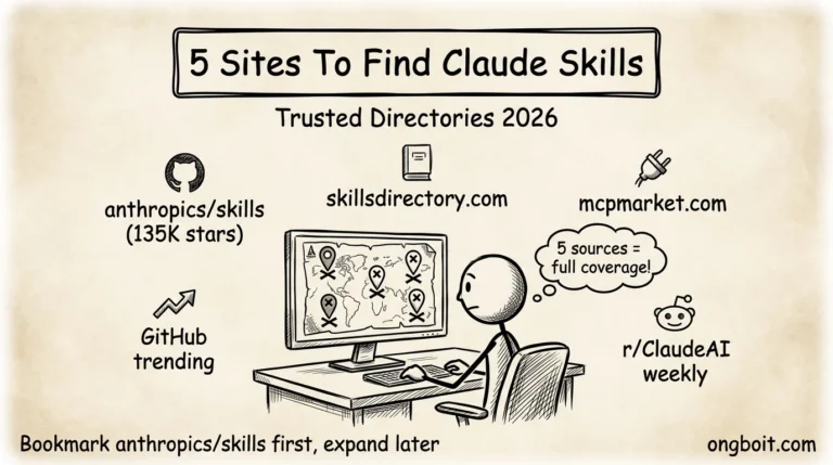 5 trang web tìm Claude Skills 2026 hero parchment với stick figure dev xem treasure map 5 location pins anthropics skillsdirectory mcpmarket trending reddit
