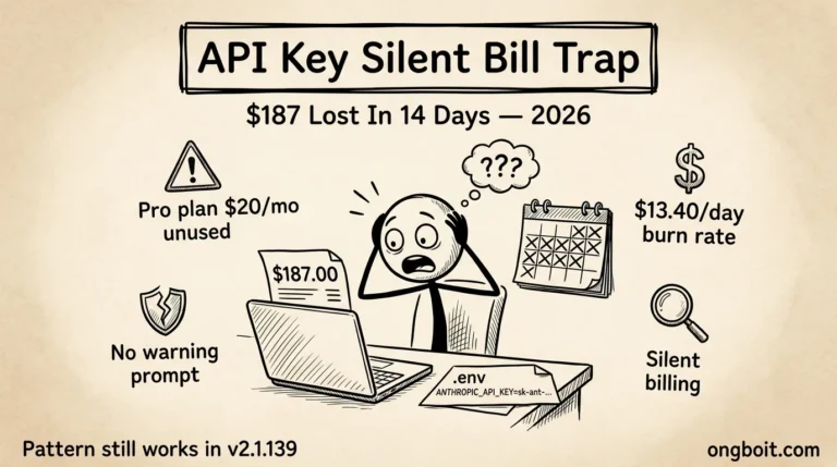 Bẫy Anthropic API Key .env hero parchment với stick figure dev shocked thấy hoá đơn $187, calendar 14 days silent billing