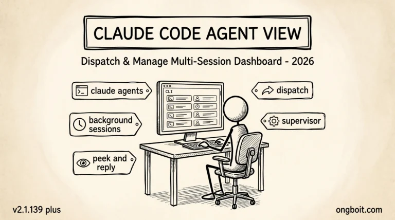 Claude Code Agent View dashboard CLI parchment sketch với stick figure và 5 labels claude agents, background sessions, peek and reply, dispatch, supervisor
