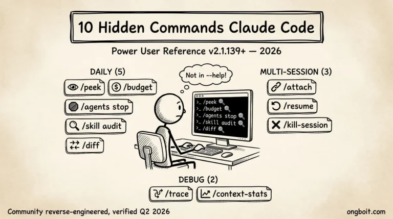 10 lệnh ẩn Claude Code hero parchment với stick figure dev và 10 labels chia 3 cluster Daily Multi-session Debug