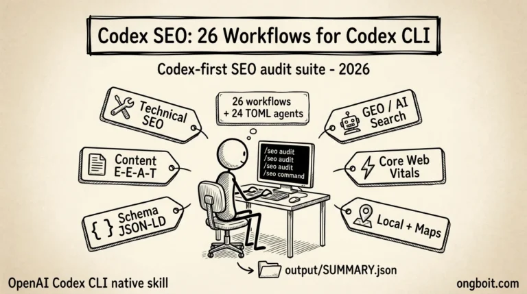 Codex SEO skill suite cho OpenAI Codex CLI: 26 workflow + 24 TOML agent, technical content schema GEO CWV local maps