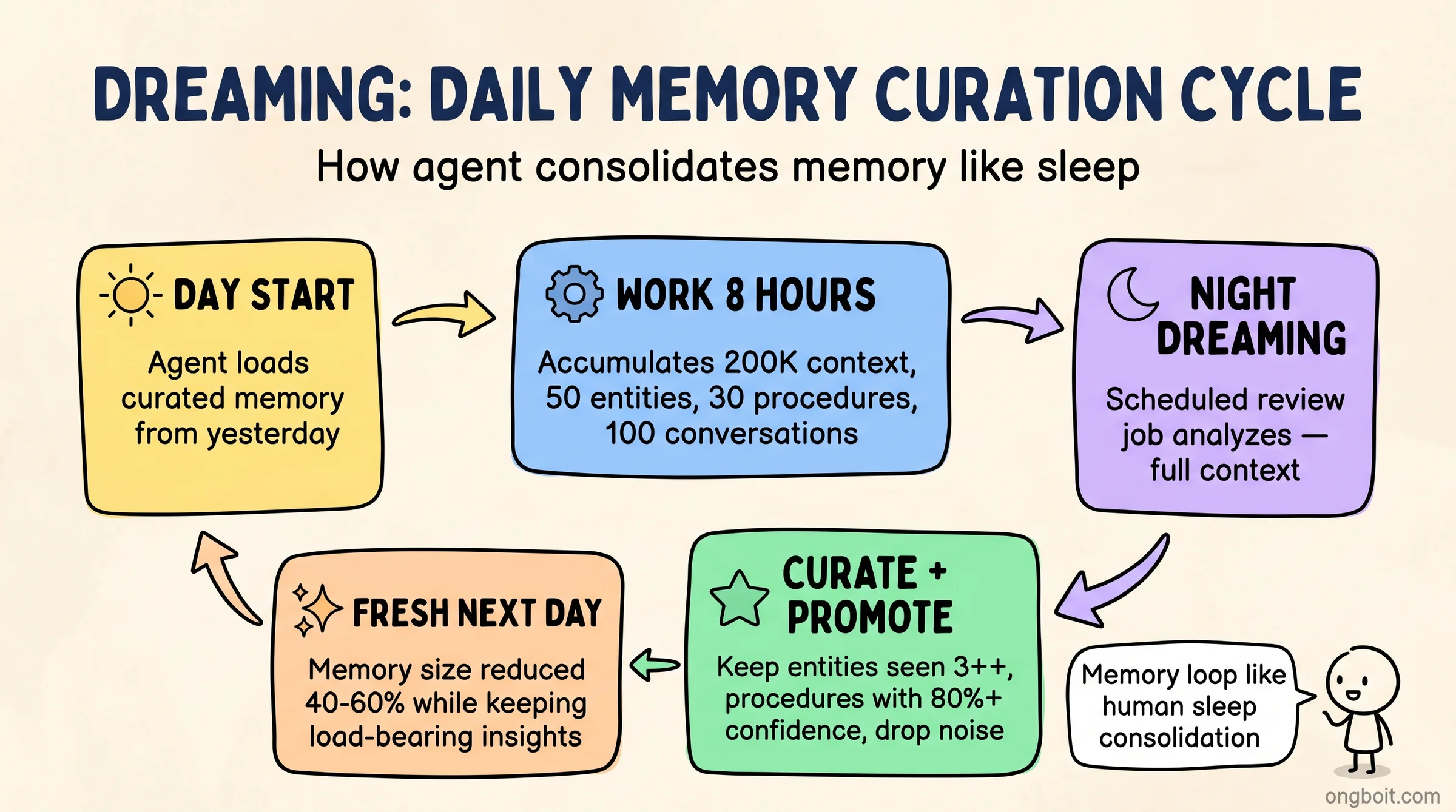 Dreaming Daily Memory Curation Cycle: 5-step flow Day Start Work 8 Hours Night Dreaming Curate Promote Fresh Next Day