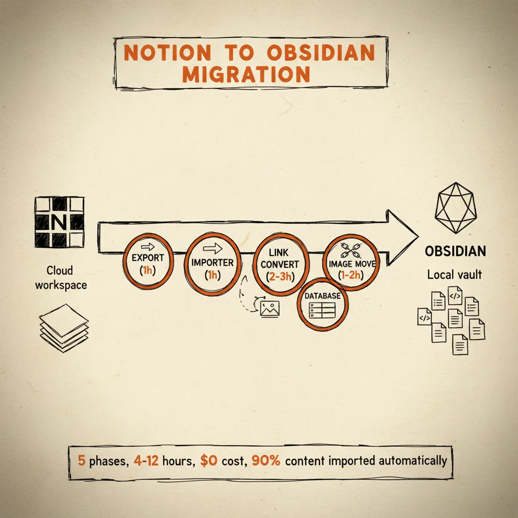 Migration Notion to Obsidian: 5 phase migrate workspace, export, importer, link convert, image, database