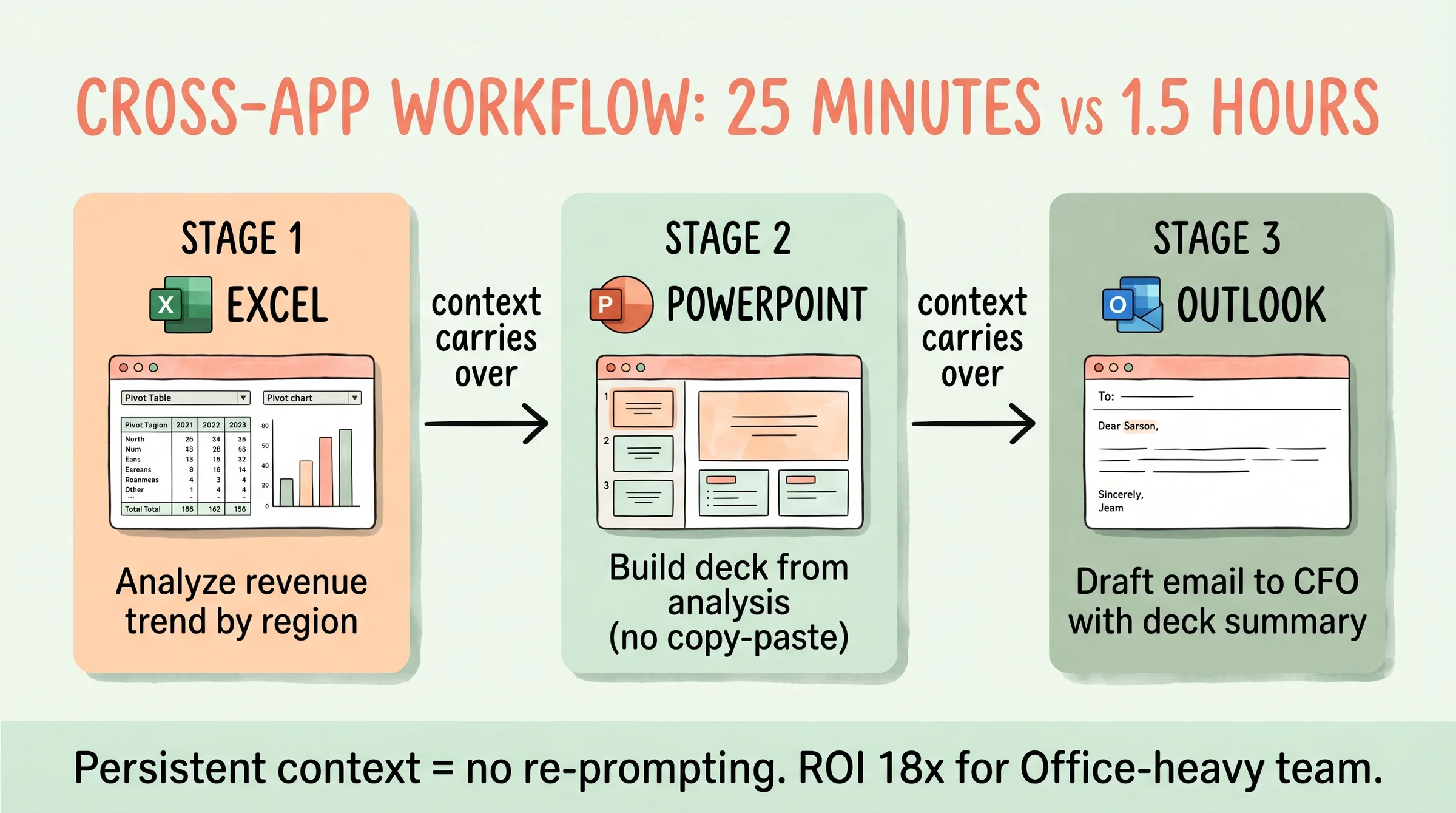 Cross-app workflow 3 step: Excel pivot analyze → PowerPoint deck build → Outlook email draft, 25 phút thay vì 1.5 giờ manual