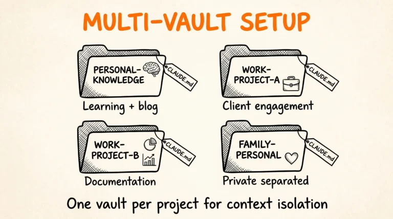 Multi Vault Project Specific Setup: 4 vault folder personal work-A work-B family với CLAUDE.md riêng