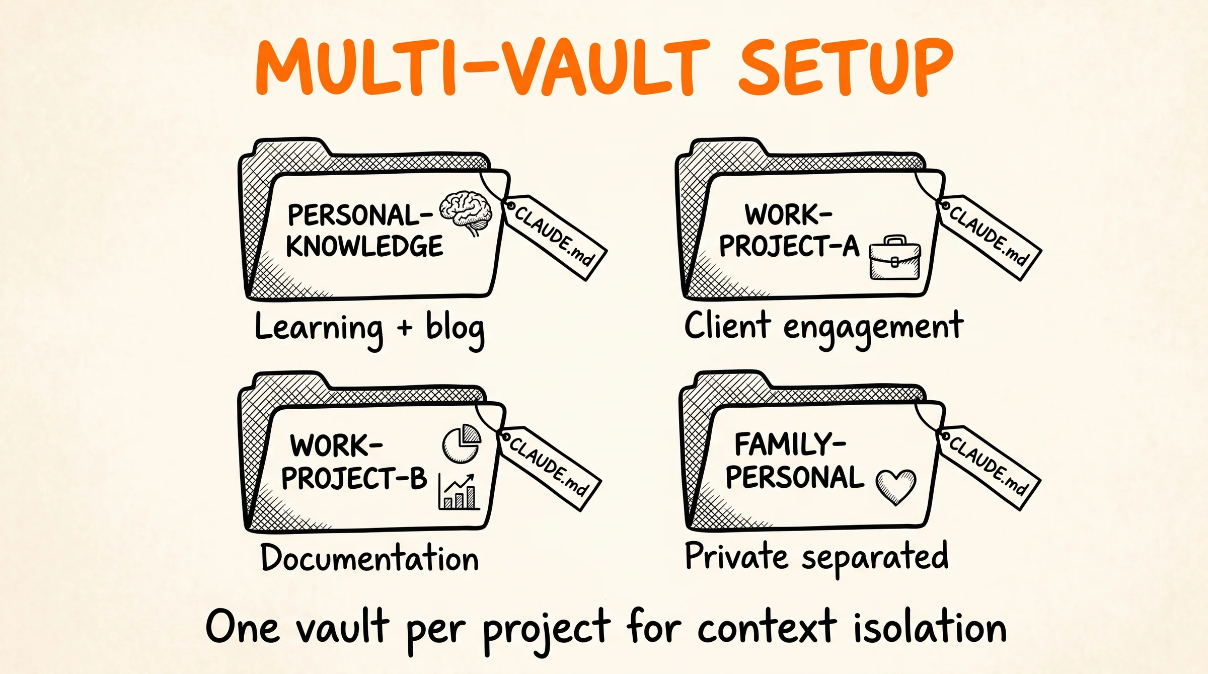 Multi Vault Project Specific Setup: 4 vault folder personal work-A work-B family với CLAUDE.md riêng