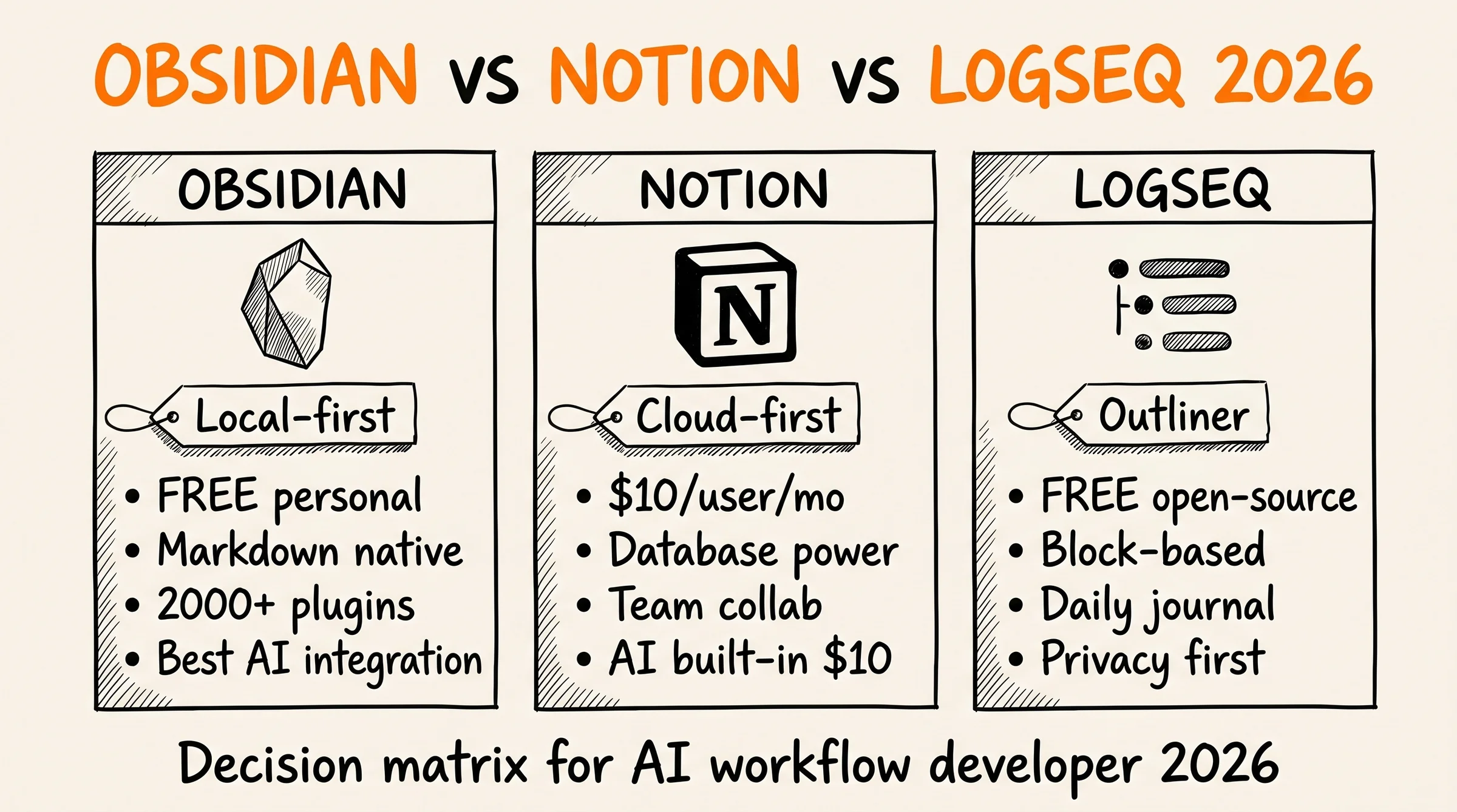 Obsidian Vs Notion Vs Logseq 2026: comparison 3 tool knowledge management cho AI workflow developer