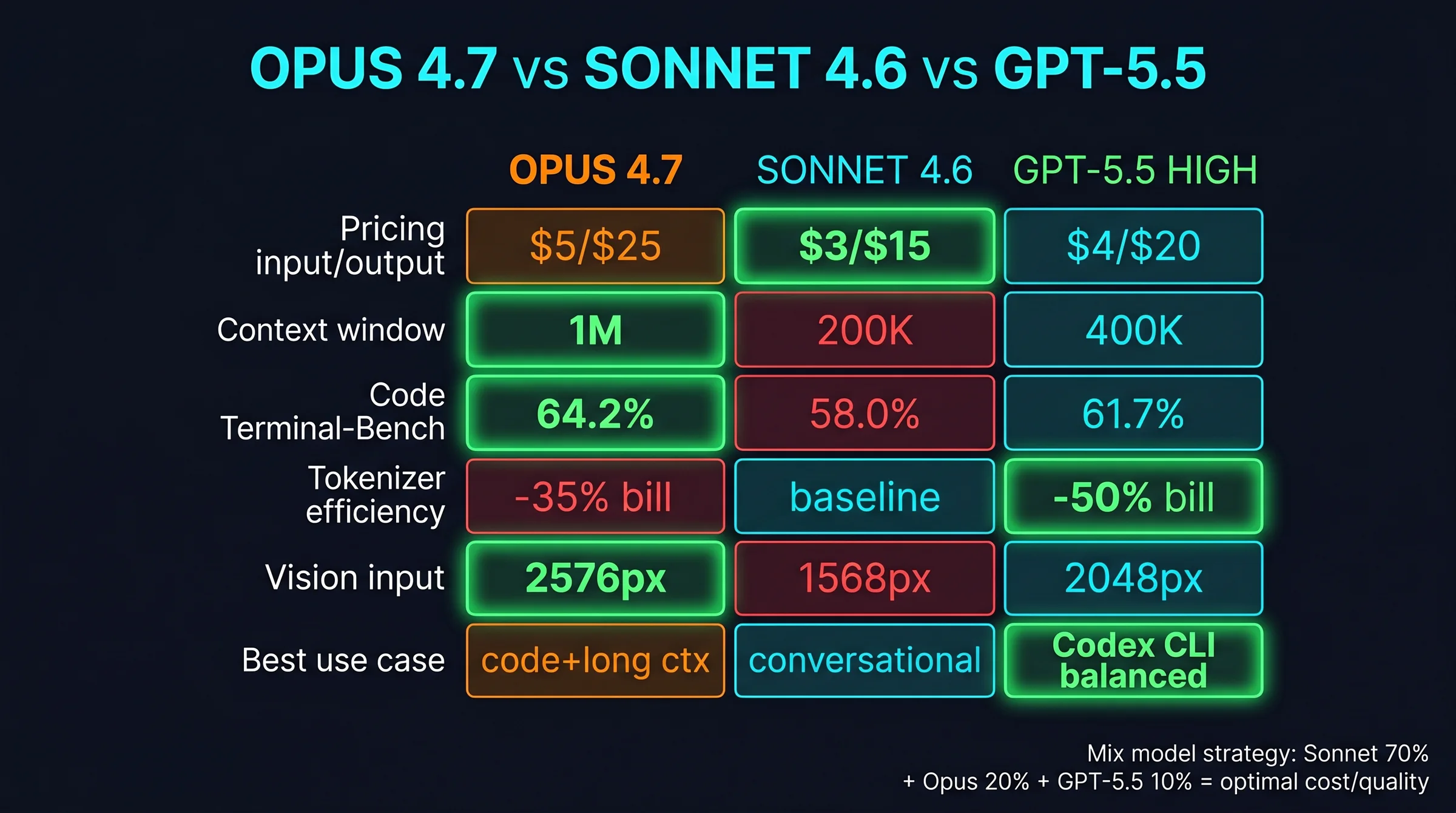 Opus 4.7 vs Sonnet 4.6 vs GPT-5.5 comparison matrix 6 dimension: pricing, context, code benchmark, tokenizer, vision, best use case