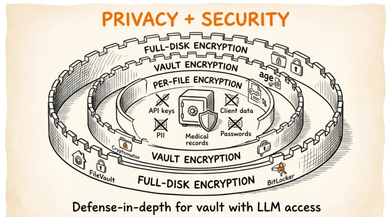 Privacy Security Obsidian LLM: 3 layer encryption FileVault Cryptomator age cho vault tích hợp Claude Code