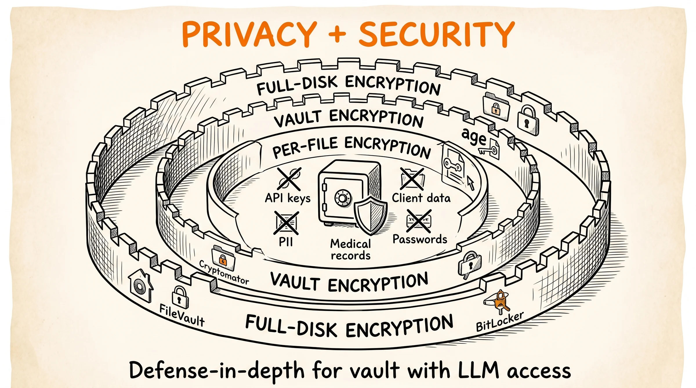 Privacy Security Obsidian LLM: 3 layer encryption FileVault Cryptomator age cho vault tích hợp Claude Code