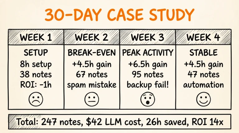 Second Brain 30 Day Case Study: 4-week timeline ROI Obsidian Claude Code 247 notes $42 cost 26h saved