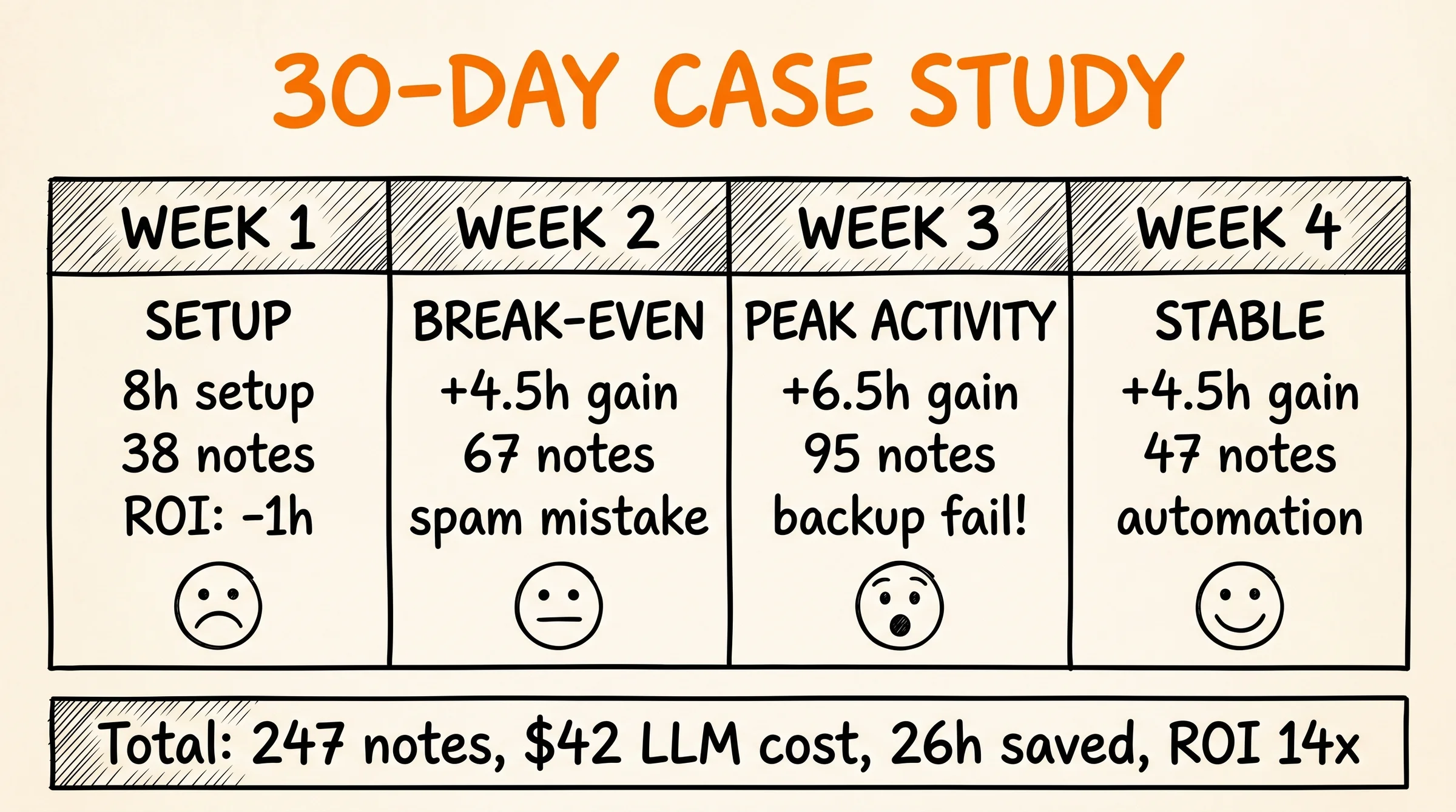 Second Brain 30 Day Case Study: 4-week timeline ROI Obsidian Claude Code 247 notes $42 cost 26h saved