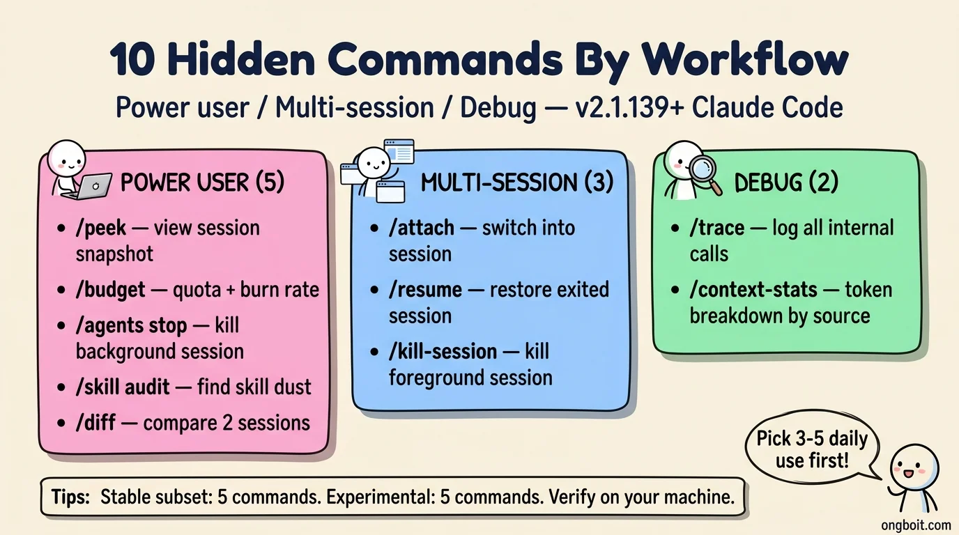 10 lệnh ẩn Claude Code chia 3 nhóm workflow: 5 power user daily, 3 multi-session, 2 debug inspection