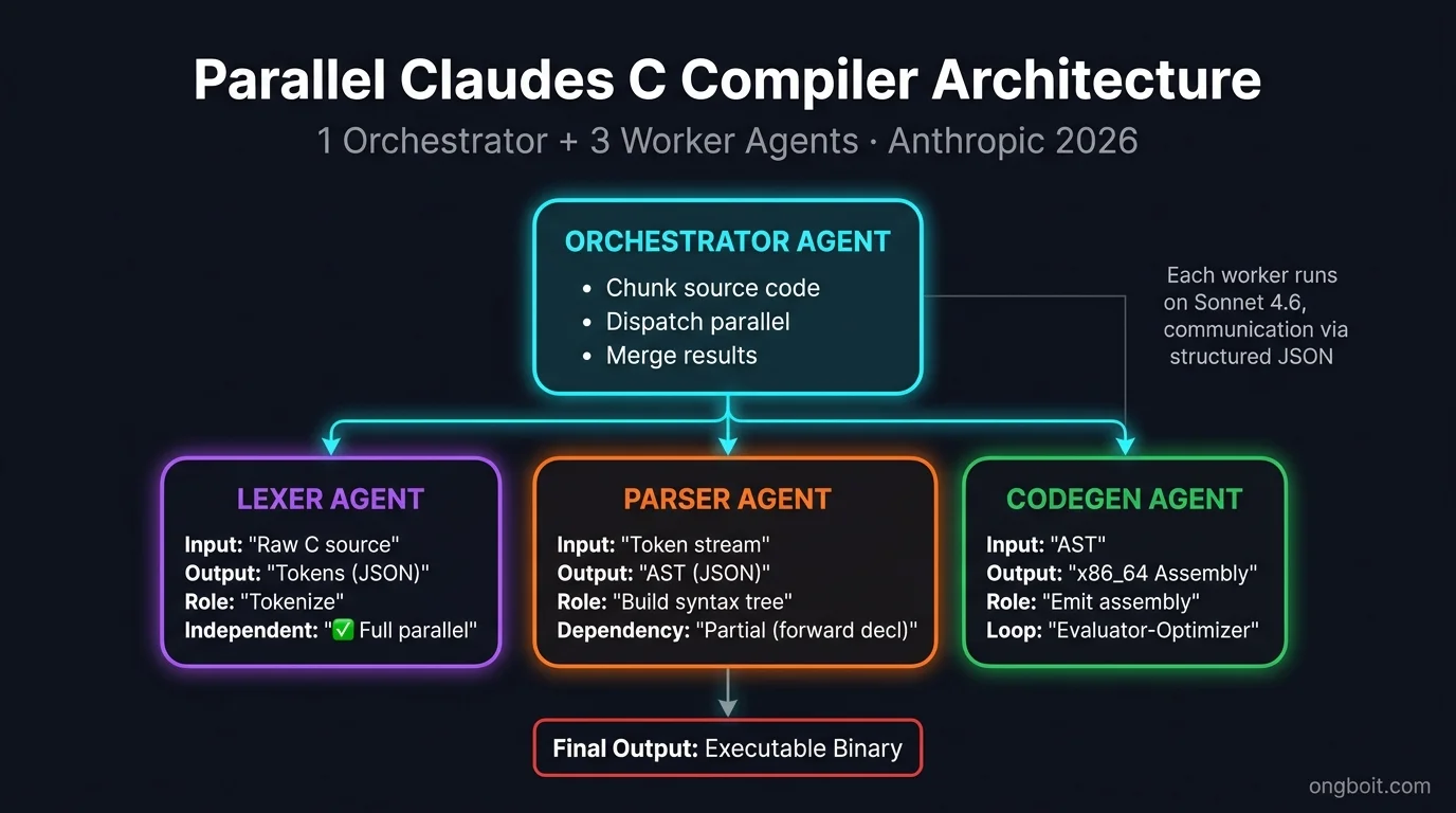 Kiến trúc parallel Claudes C compiler: Orchestrator điều phối 3 worker Lexer Parser Codegen song song với data flow rõ ràng