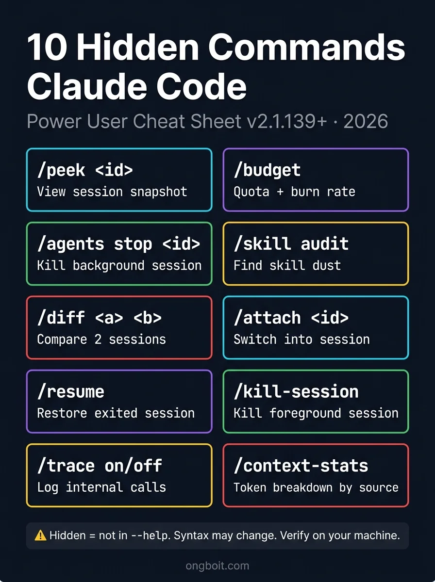 10 lệnh ẩn Claude Code reference card cheatsheet với syntax và use case mỗi command pinterest tiktok friendly