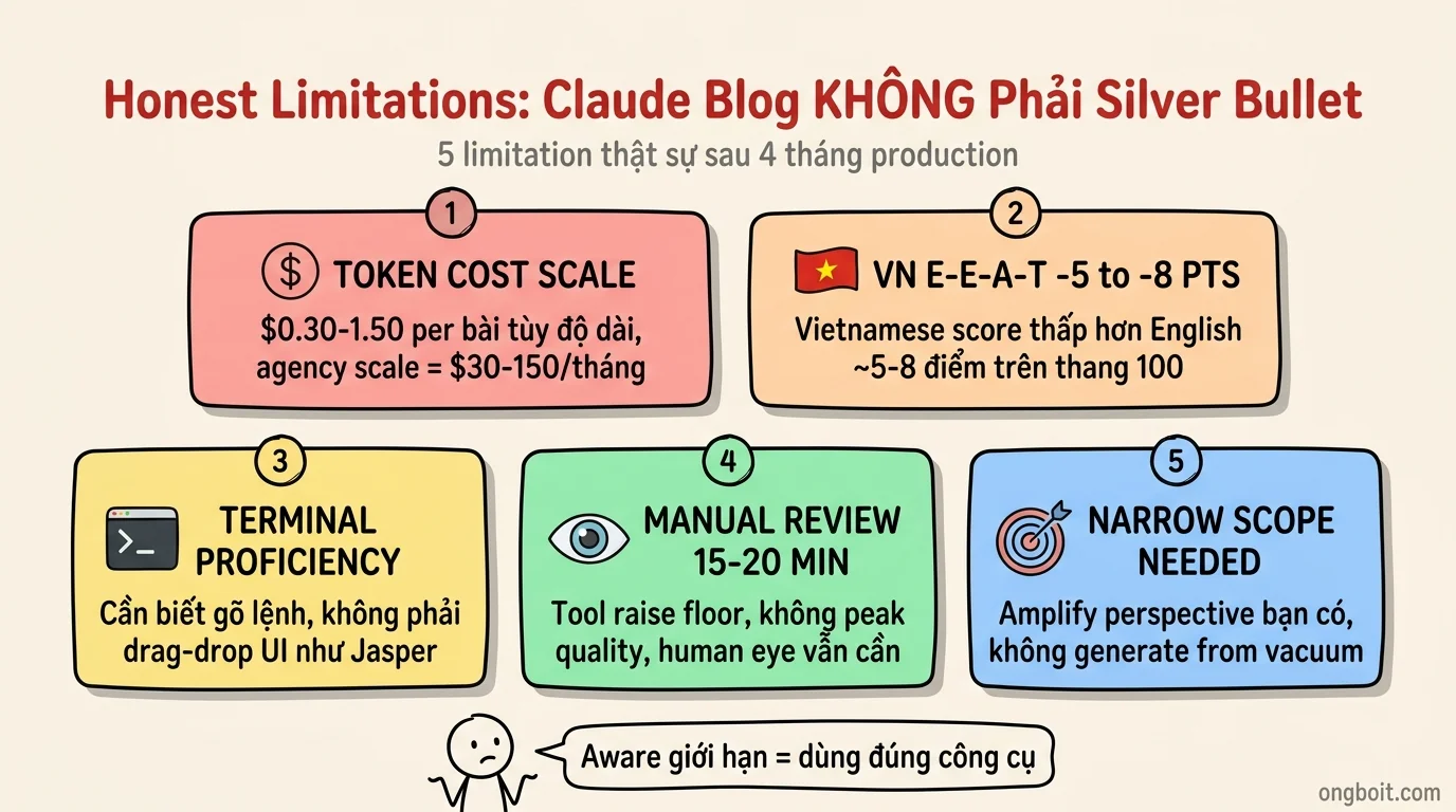 Claude Blog 5 honest limitations: Token cost scale, Vietnamese E-E-A-T 5-8 điểm thấp hơn, Terminal proficiency, Manual review 15-20 phút, Narrow scope needed