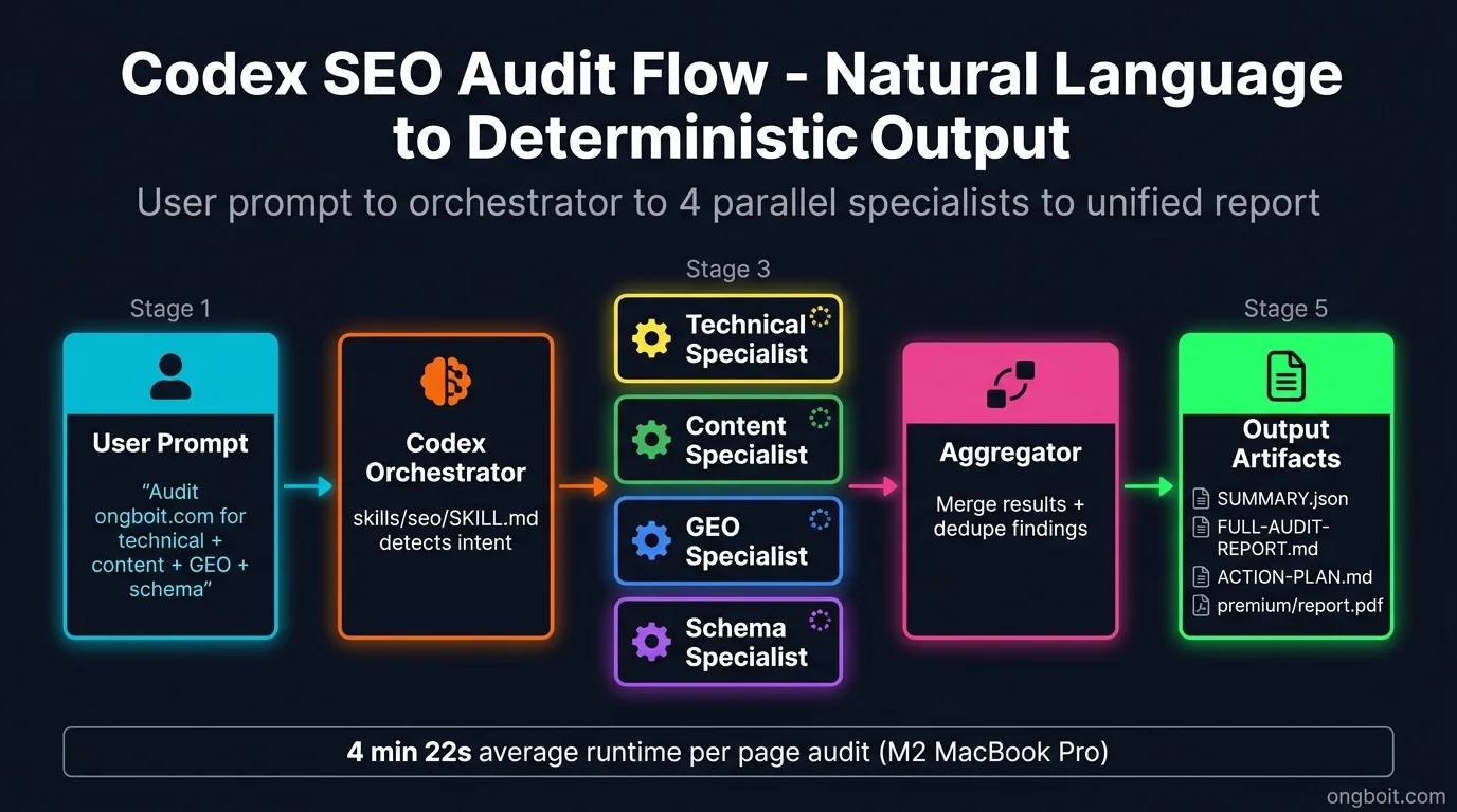 Codex SEO audit flow: user natural-language prompt to Codex orchestrator to 4 parallel specialists to aggregator to output artifacts SUMMARY.json + reports