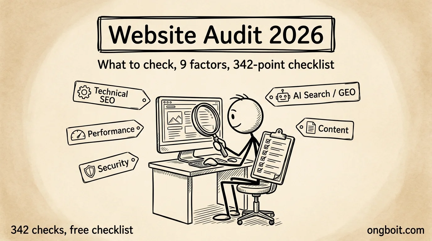 Hero Audit Website 2026: nhân vật soi website bằng kính lúp, 9 yếu tố và checklist 342 mục