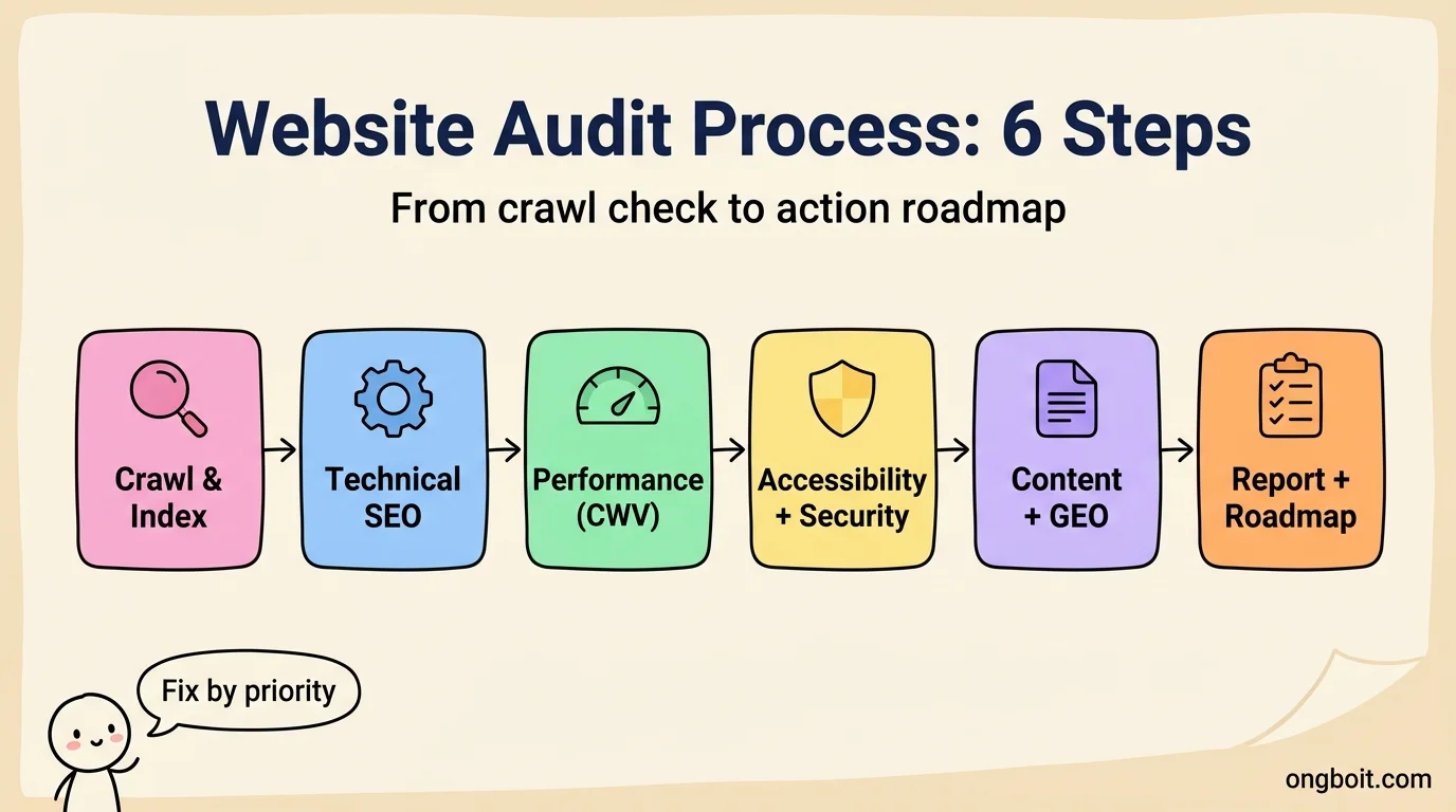 Website audit process 6 steps from crawl index to report and roadmap