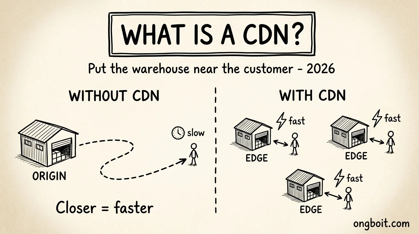 CDN explained: one central warehouse far from customers versus many edge warehouses placed near them, closer is faster