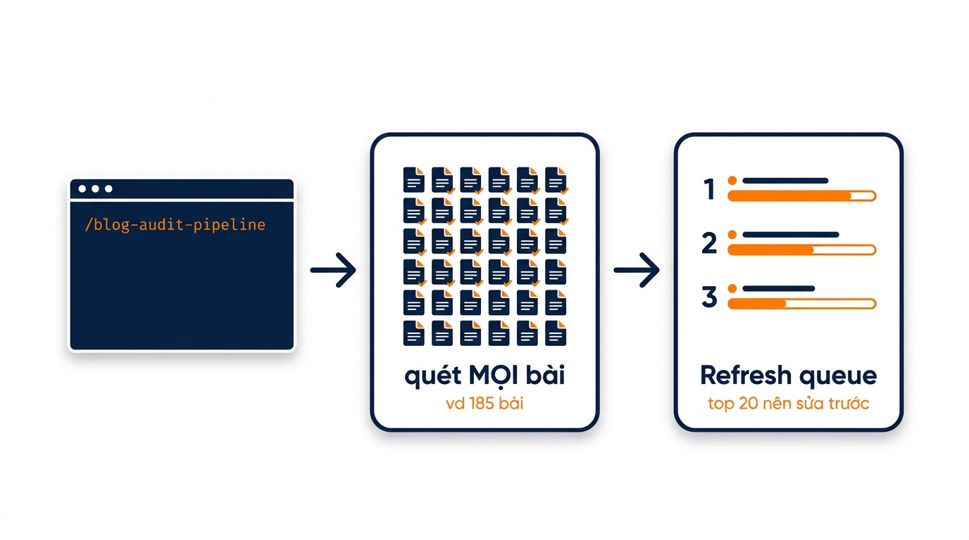 1 lệnh blog-audit-pipeline quét mọi bài rồi ra refresh queue top 20