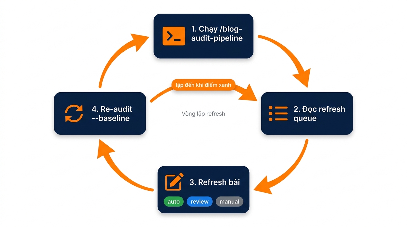 Vòng lặp refresh: chạy, đọc queue, refresh, re-audit baseline, lặp