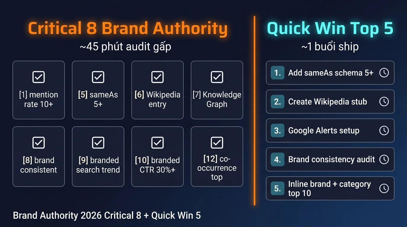 Critical 8 + Quick Win 5 Brand Authority 2026 dark tech