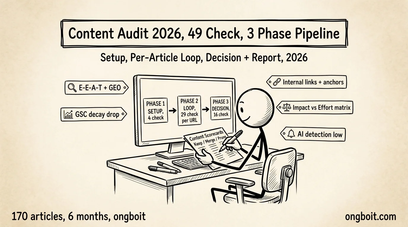 Content Audit 2026 hero 49 check 3 phase pipeline parchment sketch