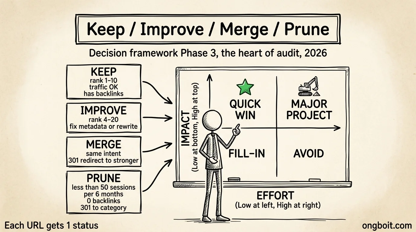 Keep Improve Merge Prune decision framework Content Audit 2026