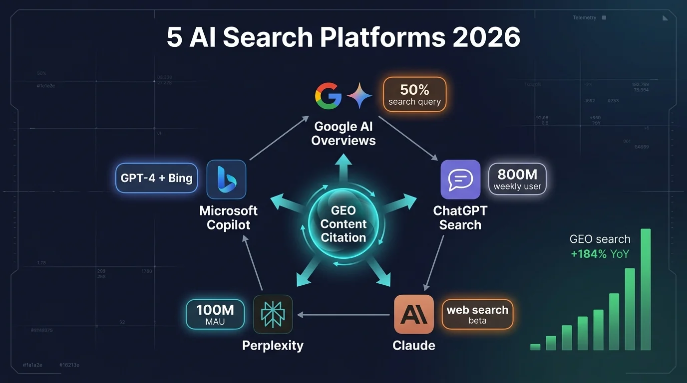 5 AI search platforms 2026 pentagon diagram dark tech