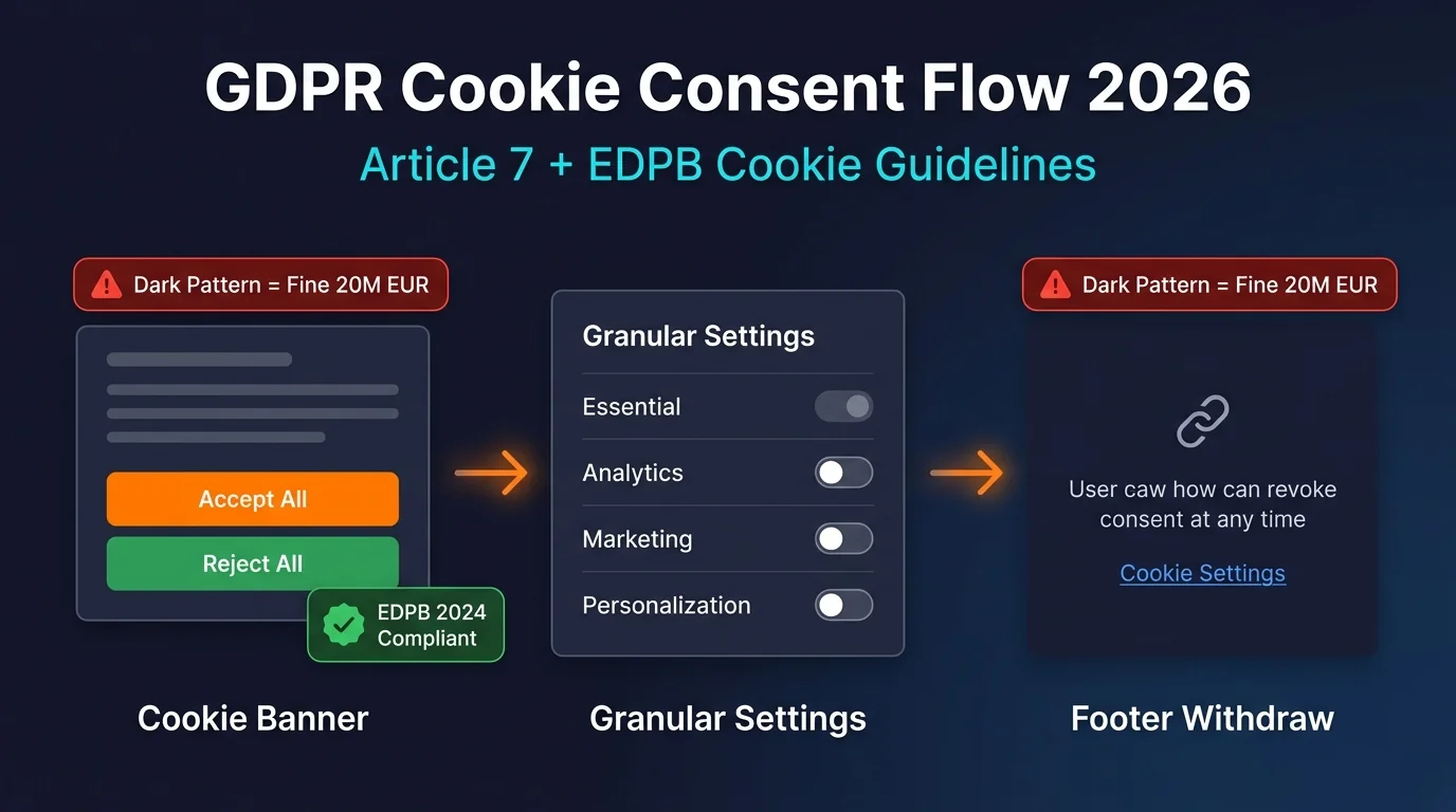 GDPR cookie consent flow 3-stage compliant dark tech