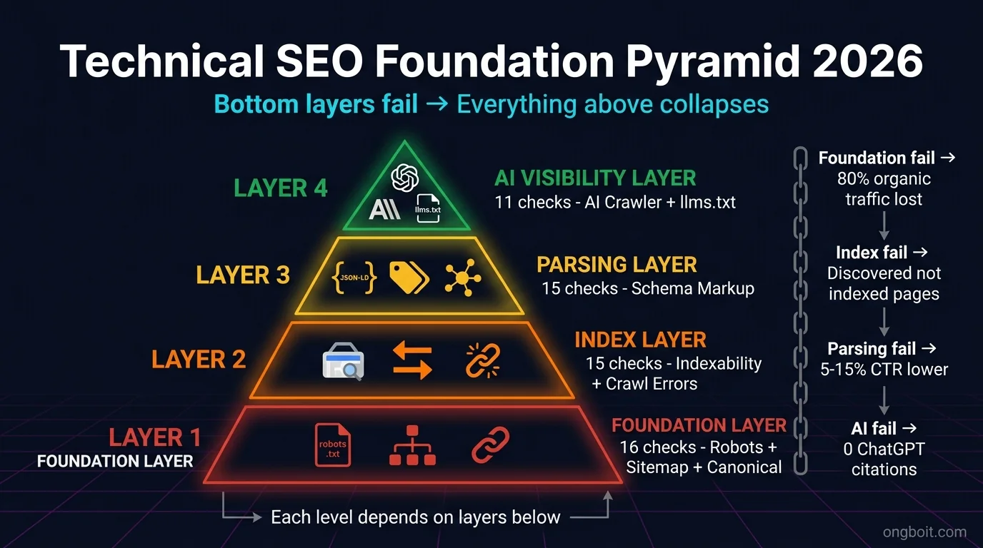 Technical SEO Foundation Pyramid 2026: 4 layer dependency