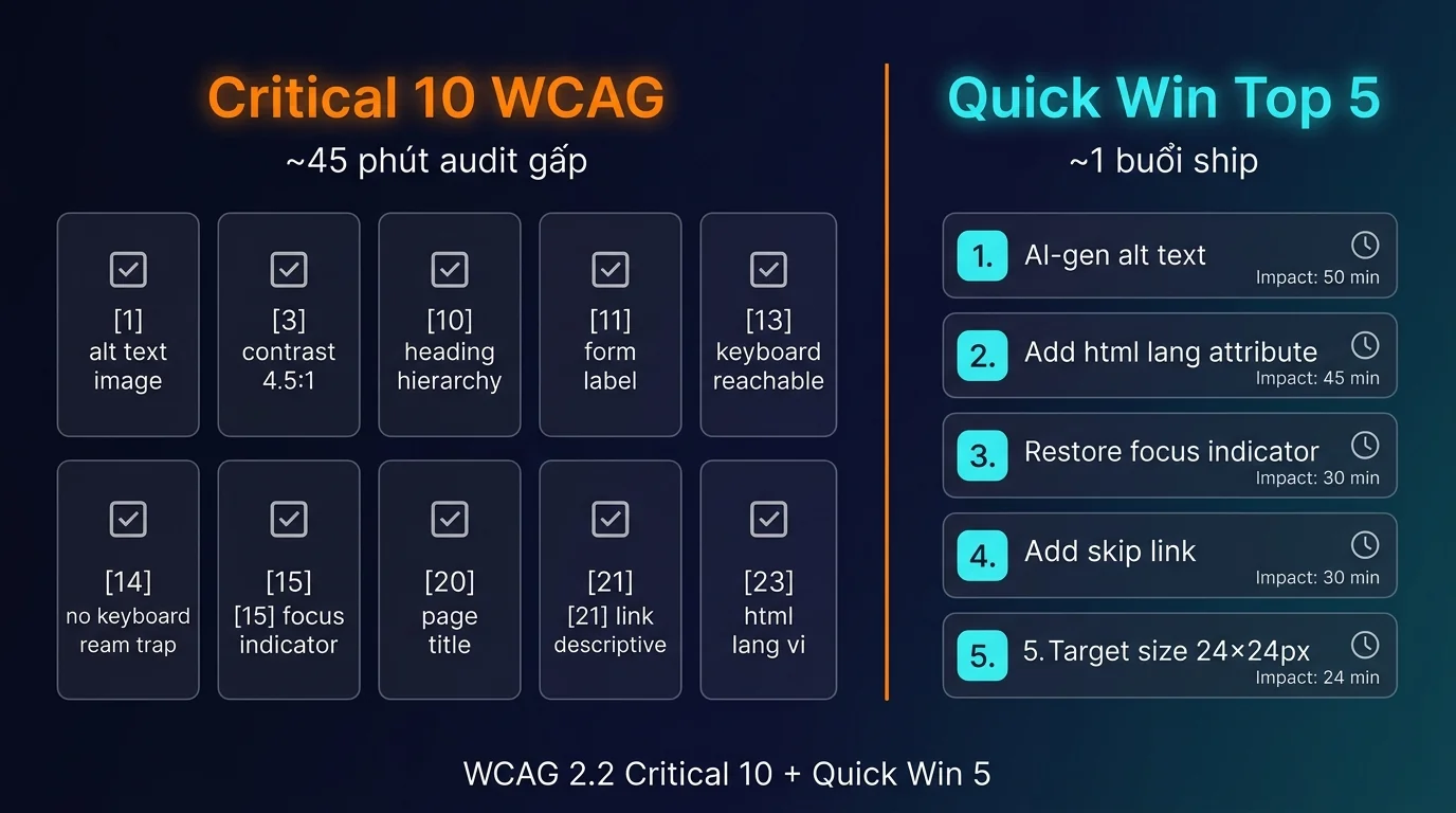 Critical 10 + Quick Win 5 WCAG 2.2 dark tech