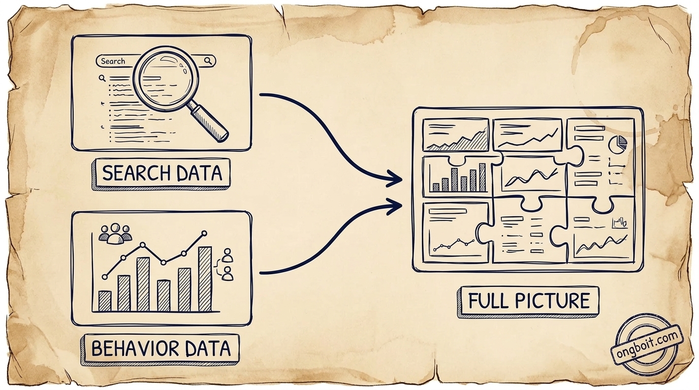Sơ đồ luồng: GA4 data → ga4 skill → claude-growth pipelines và insight. GSC skill (search data) kết hợp với ga4 skill (behavior data) để tạo bức tranh đầy đủ