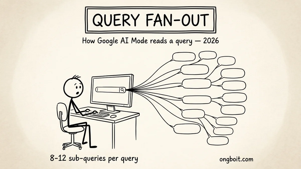 Sơ đồ whiteboard minh hoạ query fan-out: một câu hỏi lớn ở giữa toả ra nhiều nhánh sub-query, mỗi nhánh chạy ra web rồi gom lại thành một câu trả lời AI Mode.